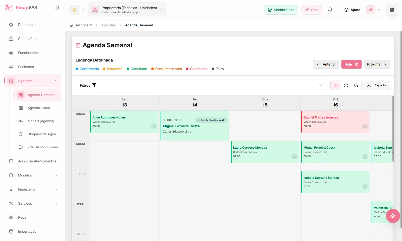 Agenda semanal real do SinapSYS com horários, pacientes e status dos atendimentos